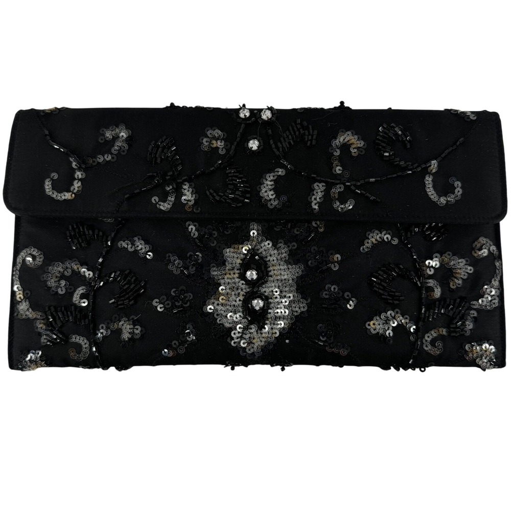 Valerie Stevens Black Satin Beaded Sequin Evening Clutch Bag Whimsigoth Formal